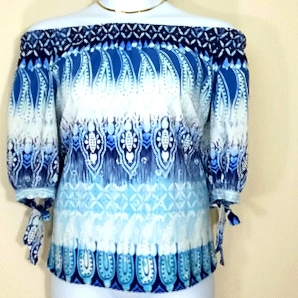 Peter Nygard Designer Top blouse short elbow tie sleeve scoop print white blue